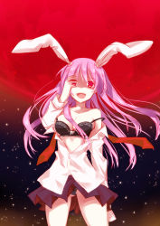 Rule 34 | 1girl, animal ears, bare shoulders, black bra, black panties, bra, breasts, rabbit ears, cleavage, dress shirt, female focus, full moon, hand over eye, izumi minami, lingerie, long hair, looking at viewer, moon, off shoulder, open clothes, open mouth, open shirt, panties, pantyshot, pink hair, pleated skirt, red eyes, red moon, reisen udongein inaba, shaded face, shirt, skirt, small breasts, solo, strap slip, touhou, underwear, upskirt