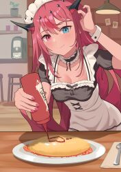 Rule 34 | + +, 1girl, absurdres, alternate costume, bar stool, black horns, blue eyes, breasts, cafe, cleavage, day, diamond (shape), food, frills, guyrys, heterochromia, highres, hololive, hololive english, horns, irys (hololive), ketchup, lamp, light, long hair, looking at viewer, maid headdress, medium breasts, multicolored hair, omelet, omurice, photo (object), pink eyes, pink nails, plant, potted plant, shelf, shift (shiftillust), smile, spoon, stool, streaked hair, virtual youtuber
