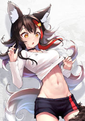 Rule 34 | 1girl, abs, animal ear fluff, animal ears, black hair, black shorts, blush, breasts, clothes lift, clothes pull, clothing cutout, female focus, fingernails, flipped hair, groin, hair between eyes, hair ornament, hairclip, highres, hololive, lifting own clothes, long hair, looking down, low ponytail, medium breasts, midriff, mitsuru (pixiv 34028718), multicolored hair, navel, ookami mio, ookami mio (casual), red hair, shirt, shirt lift, short shorts, shorts, shorts pull, shoulder cutout, sidelocks, solo, spiked hair, streaked hair, tail, tail around own leg, tail wrap, toned, very long hair, virtual youtuber, white hair, white shirt, wolf ears, wolf girl, wolf tail, yellow eyes