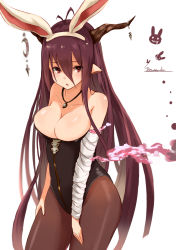 Rule 34 | 10s, 1girl, alternate costume, animal ears, antenna hair, bad id, bad pixiv id, bandages, bandaged arm, bandages, bare shoulders, breasts, rabbit ears, cleavage, collarbone, cowboy shot, crescent, danua, draph, fake animal ears, female focus, granblue fantasy, hair between eyes, hairband, highres, horn ornament, horns, jewelry, large breasts, leotard, long hair, looking at viewer, necklace, pantyhose, playboy bunny, pointy ears, red eyes, signature, simple background, solo, straight hair, very long hair, white background, yatsuka (846)