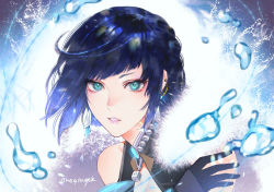 Rule 34 | 1girl, aqua eyes, black gloves, blue hair, commentary, diagonal bangs, dice, earrings, genshin impact, gloves, jewelry, looking at viewer, lowres, makeup, onegingek, parted lips, portrait, short hair, signature, simple background, solo, symbol-only commentary, tassel, water, yelan (genshin impact)
