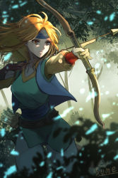 Rule 34 | 1girl, aiming, belt, blouse, blue headband, bow (weapon), breasts, brown belt, brown eyes, brown gloves, collarbone, floating hair, forest, gloves, green shirt, grey pants, headband, holding, holding bow (weapon), holding weapon, jewelry, medium breasts, nature, necklace, pants, parted bangs, partially fingerless gloves, raquel (tear ring saga), shirt, single glove, solo, sumeragi (black rose), tear ring saga, tree, weapon
