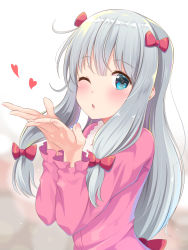 Rule 34 | 10s, 1girl, ;o, aibumi, blowing kiss, blush, bow, chestnut mouth, eromanga sensei, from side, grey hair, hair bow, hands up, heart, izumi sagiri, long hair, long sleeves, looking at viewer, one eye closed, parted lips, pen-zin, red bow, solo, upper body