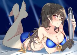 Rule 34 | 10s, 1girl, absurdres, artist name, bare legs, bare shoulders, barefoot, bikini, blue bikini, breasts, brown gloves, brown hair, choukai (kancolle), cleavage, closed mouth, front-tie bikini top, front-tie top, full body, gloves, highres, holding, kantai collection, large breasts, legs up, long hair, looking at viewer, lying, nebusoku, off shoulder, on stomach, red eyes, ribbon, side-tie bikini bottom, single glove, smile, soles, solo, strap slip, sweatdrop, swimsuit, the pose, torpedo, yellow ribbon