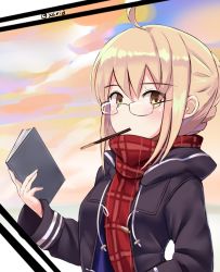 Rule 34 | 1girl, artoria pendragon (all), artoria pendragon (fate), blonde hair, book, braid, closed mouth, coat, duffel coat, fate/grand order, fate (series), food, french braid, glasses, highres, holding, holding book, i.f.s.f, looking at viewer, mouth hold, mysterious heroine x alter (fate), mysterious heroine x alter (first ascension) (fate), open clothes, open coat, plaid, plaid scarf, pocky, red scarf, rimless eyewear, saber (fate), scarf, sidelocks, solo, twitter username, upper body, yellow eyes