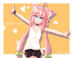 Rule 34 | 1girl, ahoge, animal ear fluff, animal ears, armpits, arms up, bad id, bad pixiv id, bike shorts, cat ears, character name, choker, cowboy shot, hair bobbles, hair ornament, highres, hinata channel, long hair, low twintails, nekomiya hinata, open mouth, outstretched arms, pink hair, shimozuki no lapis, shorts, smile, solo, twintails, upper body, vest, virtual youtuber, watch, white vest, wristwatch