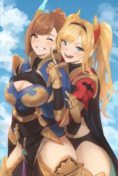 Rule 34 | 2girls, :d, absurdres, beatrix (granblue fantasy), blonde hair, blue eyes, blush, breasts, brown hair, commission, granblue fantasy, highres, large breasts, long hair, looking at viewer, multiple girls, one eye closed, open mouth, renzu (lens 02), skeb commission, smile, twintails, very long hair, zeta (granblue fantasy)