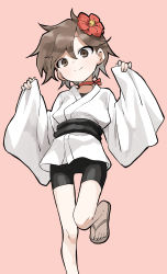 Rule 34 | 1girl, bike shorts, black shorts, brown background, brown eyes, brown footwear, brown hair, choker, commentary request, eyebrows hidden by hair, feet out of frame, flower, hair between eyes, hair flower, hair ornament, hands up, highres, japanese clothes, kagetsu (kunoichi tsubaki no mune no uchi), kimono, kunoichi tsubaki no mune no uchi, long sleeves, obi, pinching sleeves, red choker, red flower, sandals, sash, short kimono, short shorts, shorts, simple background, solo, standing, standing on one leg, white kimono, wide sleeves, yamamoto souichirou, zouri