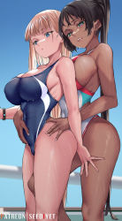 Rule 34 | 2girls, banned artist, black hair, blonde hair, blue eyes, blue one-piece swimsuit, blue sky, breasts, cloud, competition swimsuit, dark-skinned female, dark skin, day, feet out of frame, green eyes, hand on another&#039;s stomach, highleg, highleg swimsuit, large breasts, long hair, multiple girls, one-piece swimsuit, original, outdoors, ponytail, sky, standing, swimsuit, viola (seed)