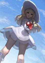 Rule 34 | 1girl, absurdres, arm up, armpits, bare shoulders, blonde hair, blue background, braid, cloud, creatures (company), day, dress, from below, game freak, geureong geureong, gradient background, green eyes, highres, kneehighs, lillie (pokemon), long hair, looking at viewer, looking down, nintendo, no panties, outdoors, poke ball, poke ball (basic), pokemon, pokemon sm, simple background, sky, sleeveless, sleeveless dress, socks, solo, standing, twin braids, upskirt, white dress, white socks