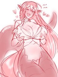 Rule 34 | 1girl, :d, ara ara, artist name, blush, bra, breasts, cleavage, commentary, drooling, english commentary, fangs, grabbing own breast, hair ornament, hairclip, heart, heart-shaped pupils, hhhori, highres, lamia, large breasts, long hair, mature female, miia&#039;s mother, monster girl, monster musume no iru nichijou, navel, open mouth, pointy ears, sketch, smile, solo, sweat, symbol-shaped pupils, unbuttoned, unbuttoned shirt, underwear, very long hair