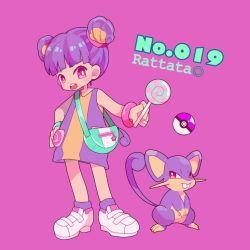 Rule 34 | 1girl, bag, blunt bangs, candy, character name, creature and personification, creatures (company), double bun, dress, food, full body, game freak, gen 1 pokemon, hair bun, lollipop, looking at viewer, narumame, nintendo, open mouth, personification, poke ball, poke ball (basic), pokedex number, pokemon, pokemon (creature), purple background, purple hair, rattata, shoes, shoulder bag, simple background, sleeveless, sleeveless dress, socks, standing, white footwear