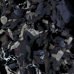 Rule 34 | armored core, armored core 6, black background, cowboy shot, electricity, energy blade, extra eyes, green eyes, highres, mecha, mecha focus, mechanical parts, mznomono, no humans, profile, robot, science fiction, shoulder cannon, simple background, steel haze ortus, thrusters, wrist blades