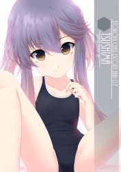 Rule 34 | 1girl, artist name, blush, character name, collarbone, commentary request, cowboy shot, eyes visible through hair, flat chest, gradient hair, hair between eyes, highres, inaba shiki, kantai collection, looking at viewer, multicolored hair, new school swimsuit, one-hour drawing challenge, one-piece swimsuit, orange hair, purple eyes, purple hair, school swimsuit, short hair, short hair with long locks, sidelocks, simple background, sitting, solo, spread legs, swimsuit, tsushima (kancolle), white background