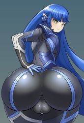 Rule 34 | 1boy, androgynous, artist request, ass, blue hair, blush, bodysuit, from behind, highres, huge ass, long hair, looking at viewer, looking back, looking down, male focus, protagonist (smtv), shin megami tensei, shin megami tensei v, shiny clothes, skin tight, solo, testicles, trap, very long hair