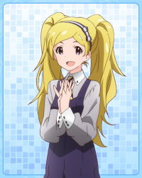 Rule 34 | 10s, 1girl, :d, blonde hair, emily stewart, emily stuart, female focus, hairband, idolmaster, idolmaster million live!, interlocked fingers, kawakami tetsuya, long hair, looking at viewer, necktie, official art, open mouth, own hands clasped, own hands together, purple eyes, smile, solo, star (symbol), twintails