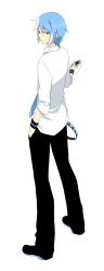 Rule 34 | 1boy, blue hair, blue necktie, full body, highres, looking at viewer, male focus, matsuda toki, matsudappoiyo, multicolored hair, necktie, official art, pants, red eyes, shirt, shoes, solo, streaked hair, transparent background, utau, white hair, white shirt, wristband
