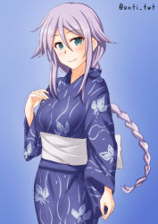 Rule 34 | 1girl, alternate costume, anti (untea9), blue background, blue eyes, blue kimono, blush, braid, breasts, commentary request, hair between eyes, highres, japanese clothes, kantai collection, kimono, light purple hair, long hair, looking at viewer, medium breasts, mole, mole under eye, obi, parted bangs, sash, simple background, smile, solo, twitter username, umikaze (kancolle), very long hair, yukata