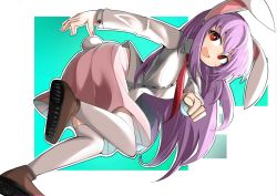 Rule 34 | 1girl, :d, animal ears, ass, blue background, breasts, bright pupils, brown footwear, buck teeth, eyebrows hidden by hair, from behind, large breasts, long hair, necktie, open mouth, outline, pink skirt, purple hair, rabbit ears, rabbit tail, red eyes, red necktie, reisen udongein inaba, round teeth, shirt, simple background, skirt, smile, solo, spam (spamham4506), tail, teeth, thighhighs, touhou, twisted torso, upper teeth only, very long hair, white background, white outline, white pupils, white shirt, white thighhighs, wing collar