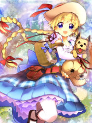 Rule 34 | 1girl, :d, basket, belt, blonde hair, blue bow, blue eyes, blush, bow, braid, company name, dog, elbow gloves, english text, eyebrows, fantasica, frilled sleeves, frills, gloves, hair bow, hat, holding, leg up, long hair, open mouth, pantyhose, petticoat, puffy short sleeves, puffy sleeves, rassie s, red bow, red ribbon, ribbon, short sleeves, smile, sparkle, tongue, tongue out, twin braids, very long hair, watermark, white pantyhose