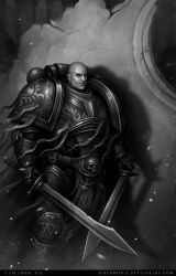 Rule 34 | 1boy, argel tal, armor, artist name, bald, deviantart username, dual wielding, greyscale, holding, holding sword, holding weapon, imperium of man, looking at viewer, monochrome, ornate, ornate armor, pauldrons, power armor, purity seal, shoulder armor, silhouette, skull, skull ornament, solo, space marine, sword, twin blades, veronica anrathi, warhammer 40k, watermark, weapon, web address, word bearers