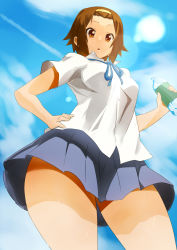 Rule 34 | 1girl, bad id, bad pixiv id, bottle, brown eyes, brown hair, day, from below, hairband, hand on own hip, hip focus, k-on!, legs, looking down, nuezou, perspective, ribbon, school uniform, short hair, skirt, sky, solo, sweat, tainaka ritsu