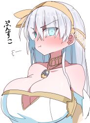 Rule 34 | 1girl, absurdres, akitokage, anastasia (fate), bare shoulders, blue eyes, blush, breasts, cleavage, collarbone, dress, fate/grand order, fate (series), hair over one eye, hairband, highres, huge breasts, jewelry, long hair, looking at viewer, neck ring, necklace, pendant, pout, translation request, very long hair, white dress, white hair