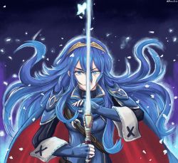 Rule 34 | 1girl, arayaejiri, armor, belt, blue eyes, blue hair, breasts, cape, determined, falchion (fire emblem), fingerless gloves, fire emblem, fire emblem awakening, gloves, hair flowing over, highres, holding, holding weapon, long hair, looking at viewer, lucina (fire emblem), nintendo, shoulder armor, small breasts, sweater, symbol-shaped pupils, tiara, turtleneck, turtleneck sweater, vambraces, weapon