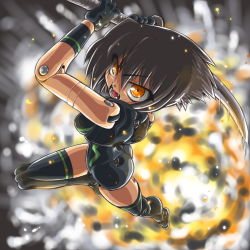 Rule 34 | &gt;:o, 10s, 1girl, :o, angry, ass, attack, bad id, bad pixiv id, bare shoulders, black footwear, black gloves, black hair, black thighhighs, blurry, blush, boots, busou shinki, dd (ijigendd), depth of field, doll joints, explosion, eyes visible through hair, fangs, foreshortening, from above, from side, gloves, hair between eyes, holding, holding weapon, howling (busou shinki), joints, jumping, leg lift, leotard, motion blur, open mouth, orange eyes, over shoulder, short hair, solo, sword, thigh boots, thighhighs, v-shaped eyebrows, weapon, weapon over shoulder, wristband, yellow eyes