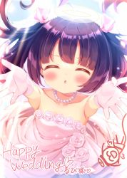Rule 34 | 1girl, ^ ^, ahoge, arms up, bare shoulders, black hair, blush, bow, closed eyes, collarbone, dress, closed eyes, facing viewer, flower, foreshortening, gloves, hair bow, halo, highres, long hair, original, outstretched arms, parted lips, pink bow, rose, solo, strapless, strapless dress, white dress, white flower, white gloves, white rose, yata (yatao zzz)