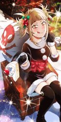Rule 34 | 1girl, alternate costume, blonde hair, blunt bangs, blush, boku no hero academia, boots, bow, brown dress, brown thighhighs, buckle, cake, chimney, christmas, double bun, dress, food, food on face, fur-trimmed dress, fur-trimmed gloves, fur trim, gloves, hair bun, hair ornament, highres, holding, large bow, messy hair, mistletoe, official art, sack, santa costume, santa gloves, sash, short sleeves, sitting, snow, solo, sparkle, thigh boots, thighhighs, toga himiko, tongue, yellow eyes