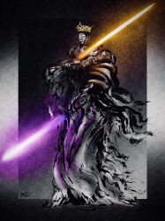 Rule 34 | 1boy, absurdres, border, crown, dark souls (series), dark souls iii, deadpool yuchan, dual wielding, full body, glowing, glowing weapon, gradient background, highres, holding, holding sword, holding weapon, jewelry, male focus, mask, partially colored, pontiff sulyvahn, robe, signature, solo, sumi-e, sword, torn clothes, weapon, wide sleeves