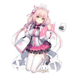 Rule 34 | 1girl, ahoge, animal, animal ear fluff, animal ears, bcy, black bow, black footwear, black skirt, blush, bow, breasts, camera, cat, cat ears, cat girl, cat tail, center frills, circle skirt, closed mouth, drawing tablet, frills, full body, garter straps, hair between eyes, high heels, highres, holding, holding camera, holding drawing tablet, holding stylus, kneeling, large breasts, layered skirt, long hair, long sleeves, low twintails, original, pink hair, pink skirt, pleated skirt, puffy long sleeves, puffy sleeves, rorinya, shirt, shoes, simple background, skirt, smile, solo, stylus, tail, thighhighs, twintails, very long hair, white background, white shirt, white thighhighs, yellow eyes