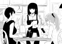 Rule 34 | 3girls, apron, blunt bangs, cellphone, commentary, dress, earrings, english commentary, eye contact, high ponytail, highres, indoors, jewelry, long hair, looking at another, melissa renata, monochrome, multiple girls, norman maggot, olive laurentia, original, phone, pixie cut, ponytail, shirt, short dress, short hair, short sleeves, sitting, smartphone, standing, stud earrings, table, w, waitress