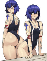 Rule 34 | 1girl, alternate costume, ass, black-framed eyewear, blue eyes, blue hair, breasts, ciel (tsukihime), commentary, commission, covered navel, cross, cross necklace, donburi (donburikazoku), english commentary, from behind, glasses, highleg, highleg swimsuit, highres, jewelry, long bangs, looking at viewer, medium breasts, necklace, one-piece swimsuit, powered ciel, short hair, smile, swimsuit, tattoo, tsukihime, white background
