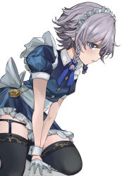 Rule 34 | 1girl, appleseed (appleseed art), back bow, bad id, bad twitter id, between legs, black thighhighs, blue bow, blue dress, blue eyes, blue ribbon, bow, brooch, buttons, collared dress, commentary, dress, earrings, feet out of frame, frilled dress, frills, gloves, grey hair, hair bow, half gloves, hand between legs, izayoi sakuya, jewelry, looking at viewer, maid headdress, medium hair, neck ribbon, own hands together, parted lips, pocket watch, profile, puffy short sleeves, puffy sleeves, ribbon, seiza, short dress, short sleeves, sideways glance, simple background, sitting, solo, thigh strap, thighhighs, touhou, twintails, watch, white background, white gloves, wrist cuffs