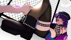 Rule 34 | 1girl, akagi asahito, armpits, ass, barbed wire, bare shoulders, black footwear, black nails, black shorts, black thighhighs, blue eyes, blush, boots, bra, breasts, bridal garter, diagonal bangs, dutch angle, earrings, fishnet thighhighs, fishnets, goth fashion, gothic, grin, hat, highres, idolmaster, idolmaster shiny colors, jacket, jewelry, long hair, long sleeves, looking at viewer, lying, medium breasts, midriff, multicolored eyes, nail polish, off shoulder, on back, open clothes, open jacket, outdoors, parted bangs, parted lips, plaid, plaid bra, punk, punkish gothic, purple eyes, purple hair, purple jacket, purple lips, purple nails, shorts, single thighhigh, skindentation, sleeves past fingers, sleeves past wrists, smile, solo, sunlight, tanaka mamimi, teeth, thigh strap, thighhighs, underwear