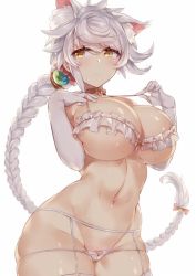 Rule 34 | 10s, 1girl, animal ears, asymmetrical hair, bad id, bad twitter id, blush, braid, breasts, cat ears, cleavage, cowboy shot, curvy, elbow gloves, garter belt, garter straps, gloves, groin, hair between eyes, jitome, kantai collection, kemonomimi mode, large breasts, light smile, long hair, looking at viewer, navel, panties, partially visible vulva, pokoten (pokoten718), revealing clothes, silver hair, single braid, skindentation, smile, solo, strap pull, thick thighs, thighhighs, thighs, underboob, underwear, underwear only, unryuu (kancolle), very long hair, white gloves, white panties, wide hips, yellow eyes