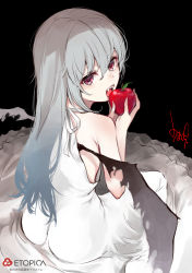 Rule 34 | 1girl, absurdres, apple, ass, bare shoulders, bat wings, commentary request, dress, eyebrows, fangs, food, fruit, grey hair, hair between eyes, highres, holding, holding food, holding fruit, long hair, looking at viewer, looking back, no bra, open mouth, original, pink eyes, signature, solo, umakuchi shouyu (into-rain), vampire, white dress, wings