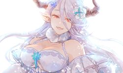 Rule 34 | 1girl, breasts, detached sleeves, draph, flower, fur collar, granblue fantasy, hair flower, hair ornament, horns, izmir, large breasts, mole, mole under mouth, pointy ears, red eyes, smile, solo, tears, tetsuo (watson), underboob, white background, white hair