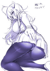 Rule 34 | 1girl, ahoge, ass, blush, breasts, character name, closed mouth, copyright name, greyscale, hair between eyes, headgear, highres, hisasi, huge breasts, kantai collection, kneeling, long hair, monochrome, paid reward available, panties, panties under pantyhose, pantyhose, pleated skirt, purple theme, simple background, sitting, sketch, skirt, solo, sweat, underwear, washington (kancolle)