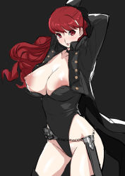 Rule 34 | 1girl, akisora, black flower, black jacket, black rose, black thighhighs, breasts, chain, choker, cleavage, commentary request, female pubic hair, flower, highres, jacket, large breasts, leotard, long hair, looking at viewer, nipples, persona, persona 5, persona 5 the royal, ponytail, pubic hair, red eyes, red hair, rose, sheath, simple background, smile, solo, thighhighs, yoshizawa kasumi