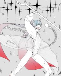 Rule 34 | 1other, alexandrite (houseki no kuni), androgynous, arm up, ball and chain (weapon), battle, blood, blood on face, blue hair, cracked skin, feet out of frame, floating hair, from side, gradient hair, grey hair, groin, holding, holding weapon, houseki no kuni, leotard, leuvenklasse, long hair, long sleeves, looking away, moon uniform (houseki no kuni), multicolored hair, nail polish, other focus, profile, puffy long sleeves, puffy sleeves, red hair, see-through, shards, showgirl skirt, simple background, solo, sparkle, standing, very long hair, weapon