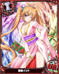 Rule 34 | 1girl, blush, breasts, card (medium), character name, chess piece, closed mouth, high school dxd, japanese clothes, kimono, large breasts, long hair, looking at viewer, official art, orange hair, purple eyes, rook (chess), shidou irina, solo, swimsuit, trading card, twintails, very long hair