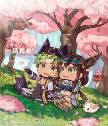 Rule 34 | 1boy, 1girl, armor, armored boots, bikini armor, black footwear, blue sky, blush, boots, brown eyes, brown hair, brown wings, cherry blossoms, chibi, chinese commentary, chinese text, coat, commentary request, creature, day, demon, deviruchi, deviruchi hat, feathered wings, full body, green eyes, green hair, grey coat, hair between eyes, hat, head wings, long hair, looking at another, lunatic (ragnarok online), mushroom, open mouth, outdoors, pants, pauldrons, petals, poring, rabbit, ragnarok online, rainbow, ro86228, royal guard (ragnarok online), sample watermark, shirt, shoes, short hair, shoulder armor, sitting, sky, slime (substance), smile, spore (ragnarok online), tree, visor (armor), warlock (ragnarok online), watermark, web address, white pants, white shirt, wings