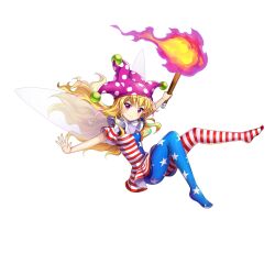 Rule 34 | 1girl, american flag legwear, american flag shirt, blonde hair, closed mouth, clownpiece, full body, game cg, hat, highres, holding, holding torch, jester cap, long hair, looking at viewer, neck ruff, pantyhose, pink eyes, pink hat, polka dot headwear, purple hat, rotte (1109), shirt, short sleeves, simple background, smile, solo, star (symbol), star print, striped clothes, striped pantyhose, striped shirt, third-party source, torch, touhou, touhou lostword, white background, wings