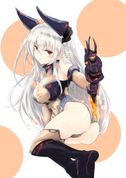 Rule 34 | 10s, 1girl, ass, black footwear, boots, borrowed character, breasts, brown thighhighs, colo mag-chan, detached sleeves, draph, granblue fantasy, highres, horns, leotard, long hair, long sleeves, looking at viewer, medium breasts, original, pointy ears, red eyes, solo, staff, thighhighs, wasavi 8, white hair