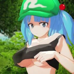 Rule 34 | 1girl, 3d, animated, blue eyes, blue hair, breasts, clothes lift, kawashiro nitori, large breasts, looking at viewer, shirt lift, smile, solo, tagme, tank top, teasing, touhou, twintails, underboob, video