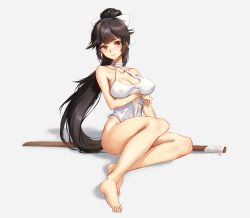Rule 34 | 1girl, arm under breasts, athenawyrm, azur lane, bare shoulders, black hair, blush, bokken, bow, breast hold, breasts, brown eyes, casual one-piece swimsuit, cleavage, closed mouth, commentary request, criss-cross halter, full body, hair bow, hair flaps, halterneck, large breasts, long hair, looking at viewer, one-piece swimsuit, ponytail, ribbon, simple background, sitting, solo, swimsuit, sword, takao (azur lane), takao (beach rhapsody) (azur lane), weapon, white background, white bow, white ribbon, white one-piece swimsuit, wooden sword