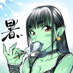 Rule 34 | 1girl, black hair, blush, brown eyes, bubuzuke, collarbone, colored skin, earrings, food, green skin, holding, ice cream, jewelry, kappa, lamia, licking, long hair, long tongue, monster girl, original, pointy ears, sexually suggestive, sketch, solo, sweat, tongue, tongue out, upper body, webbed hands